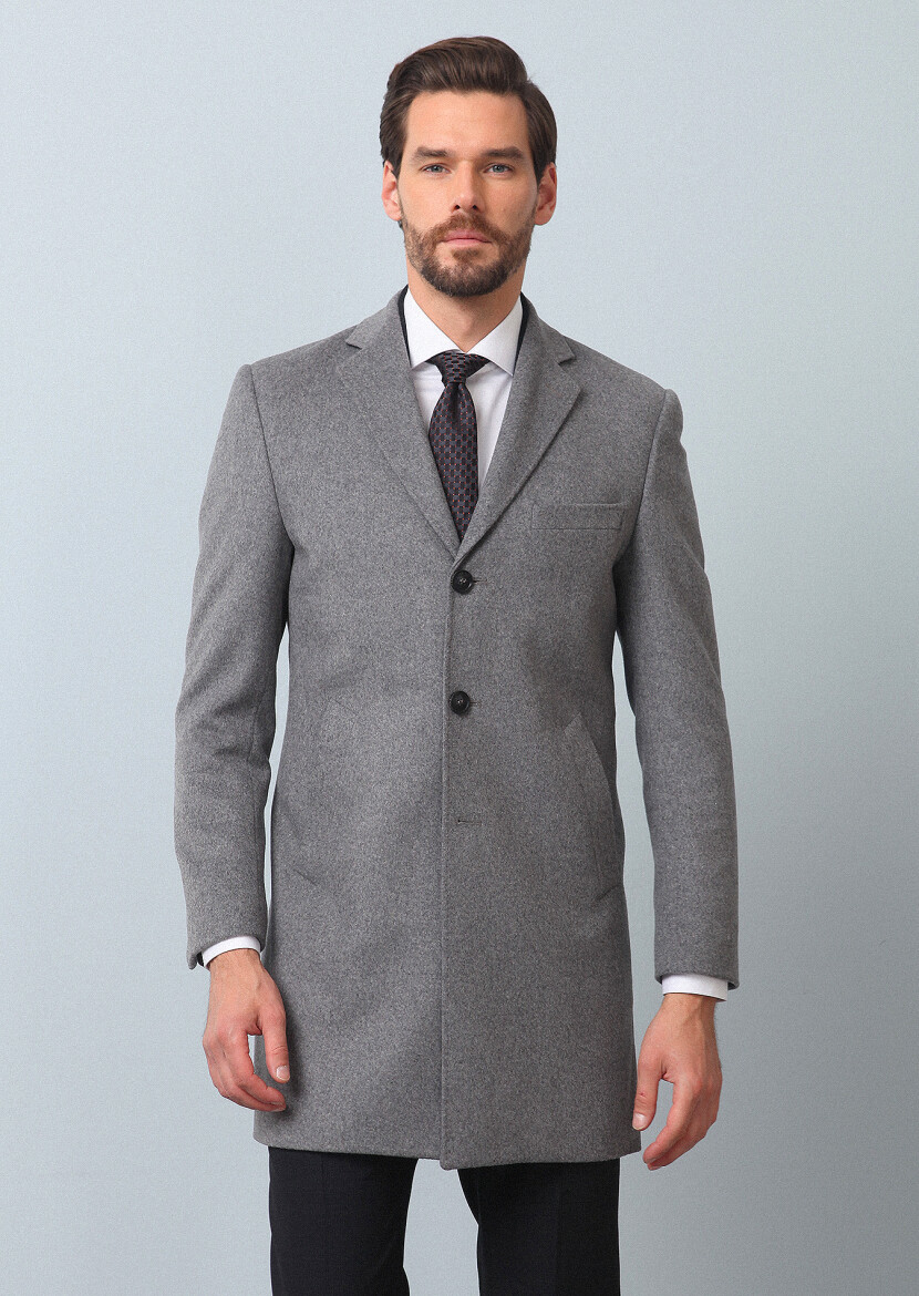 Grey Regular Fit Butterfly Collar Classical Weaving Overcoat - 4