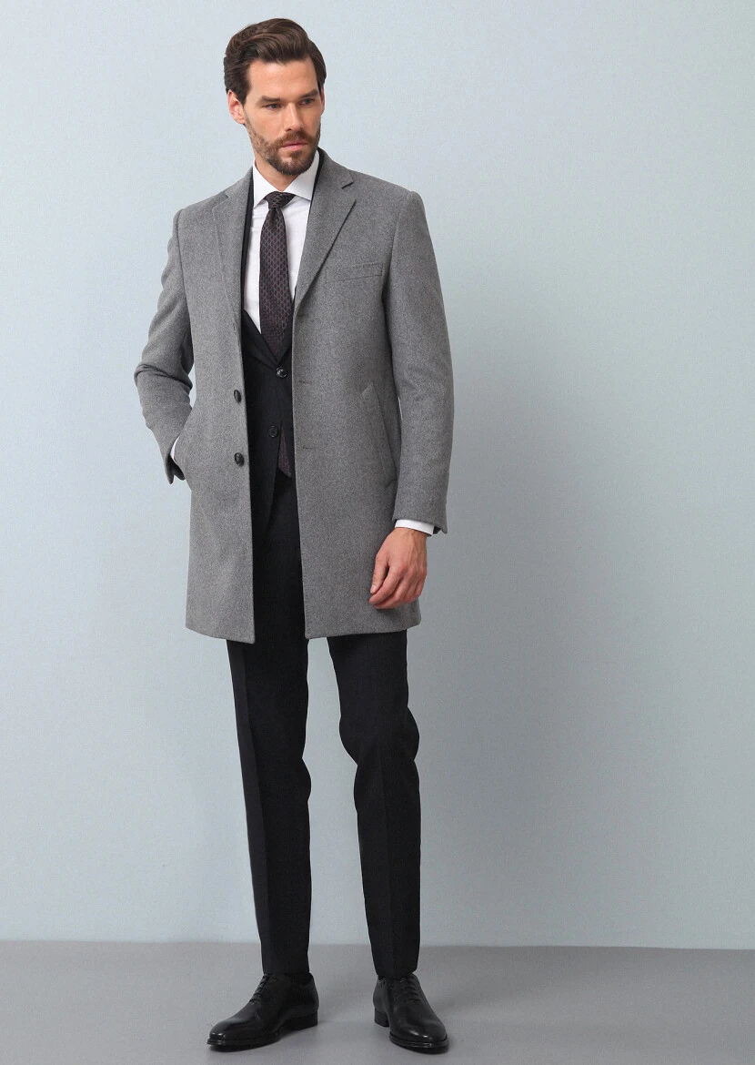 Grey Regular Fit Butterfly Collar Classical Weaving Overcoat - 1