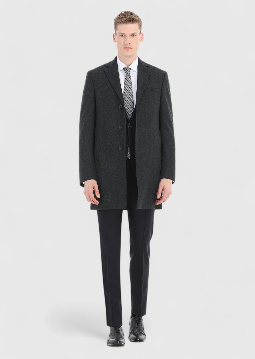 Grey Regular Fit Butterfly Collar Classical Weaving Overcoat - 1