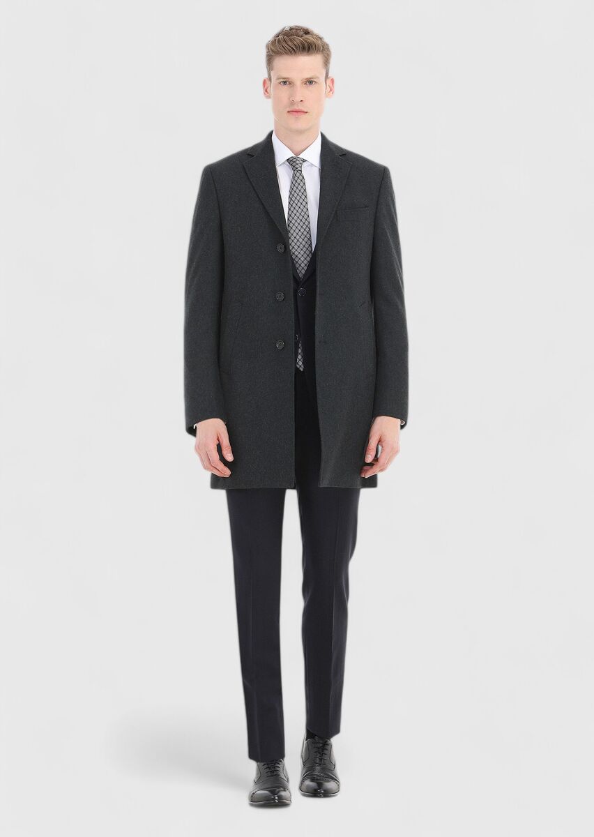 Grey Regular Fit Butterfly Collar Classical Weaving Overcoat - 1