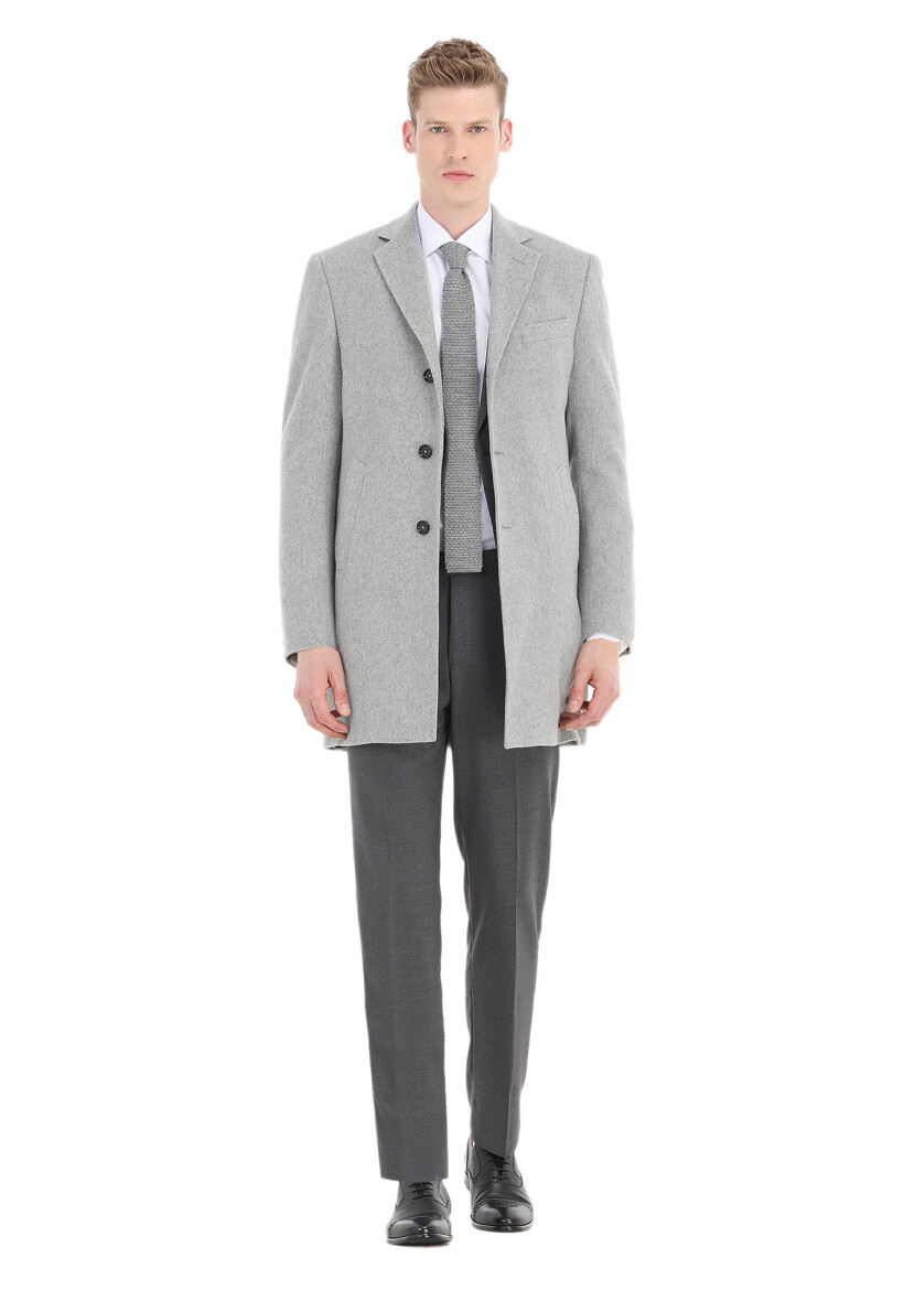 Grey Regular Fit Butterfly Collar Classical Weaving Overcoat - 1