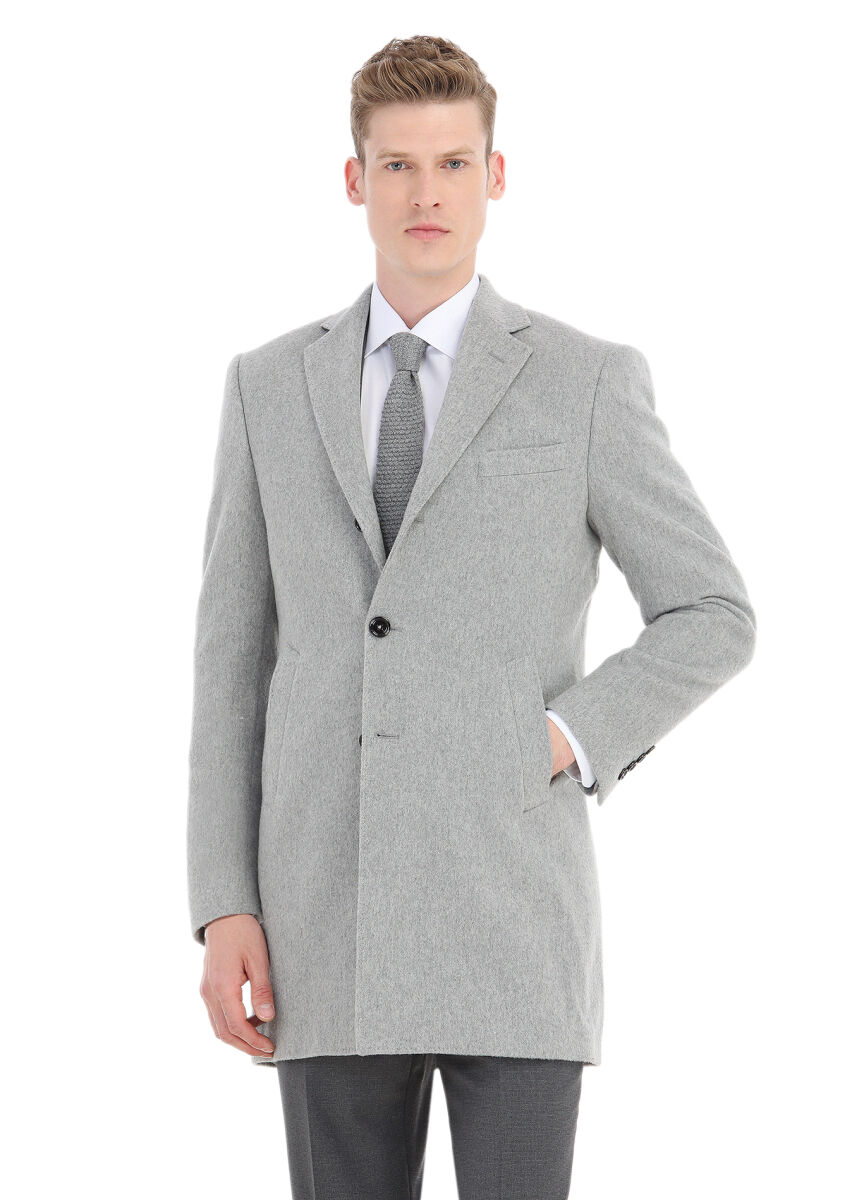Grey Regular Fit Butterfly Collar Classical Weaving Overcoat - 2