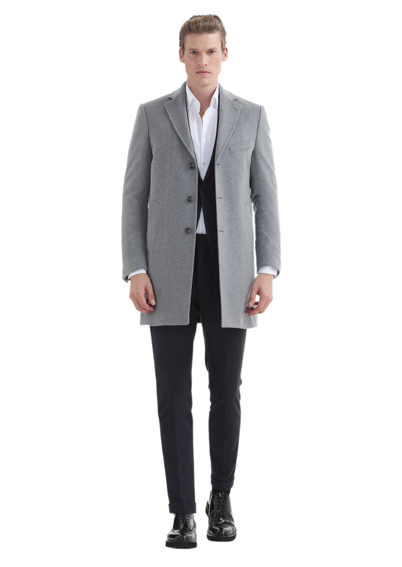 Grey Regular Fit Butterfly Collar Classical Weaving Overcoat - 2