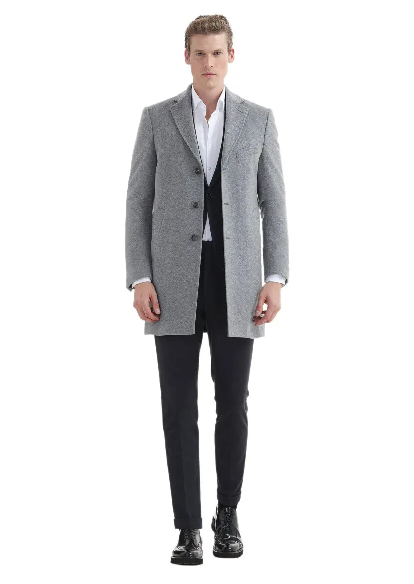 Grey Regular Fit Butterfly Collar Classical Weaving Overcoat - 2
