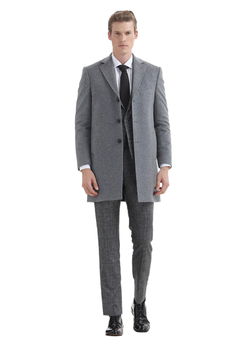 Grey Regular Fit Butterfly Collar Classical Weaving Overcoat 