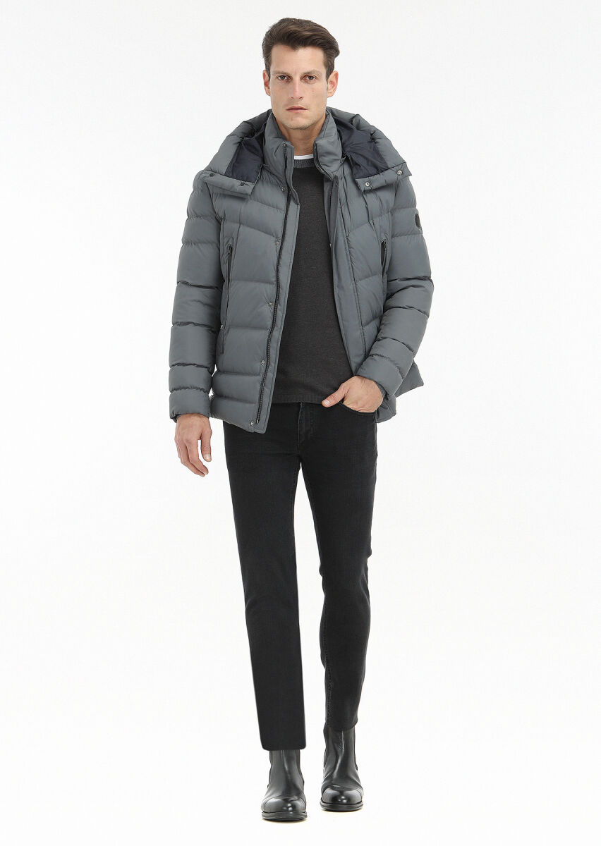 Grey Regular Fit Casual Weaving Removable Hood Coat - 1