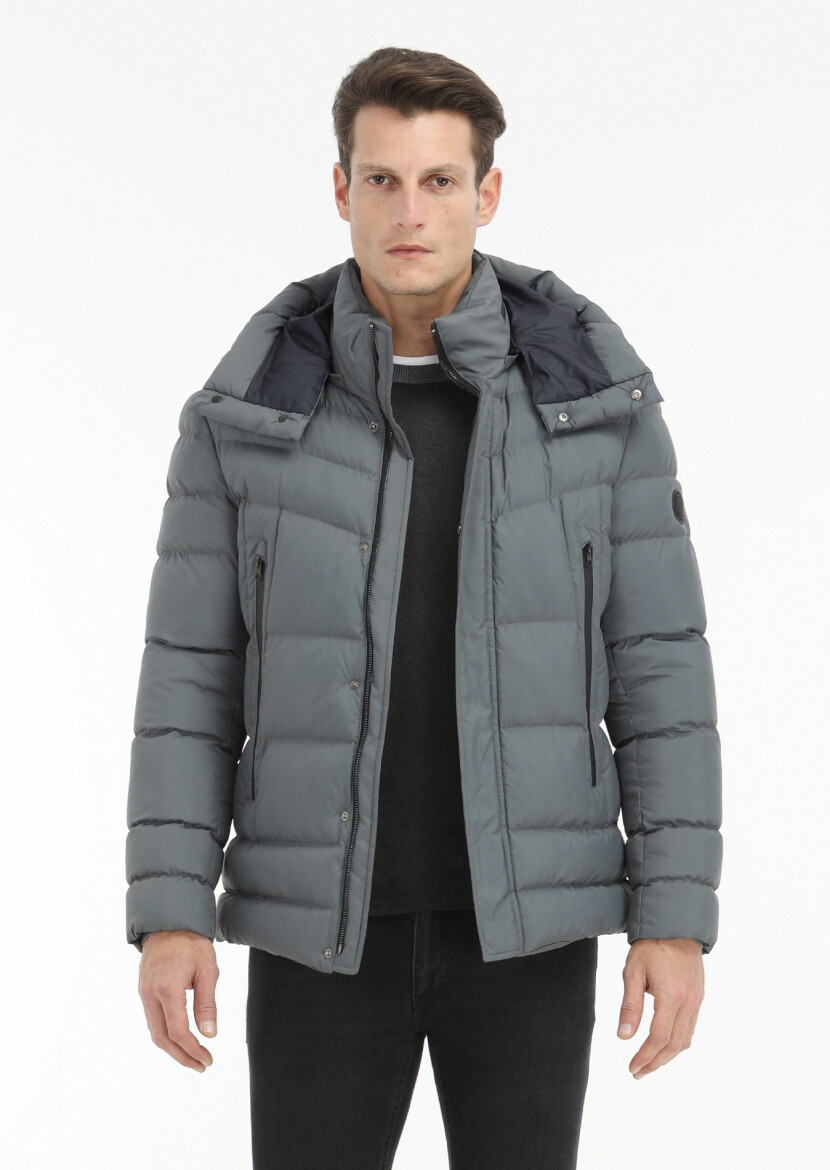 Grey Regular Fit Casual Weaving Removable Hood Coat - 3