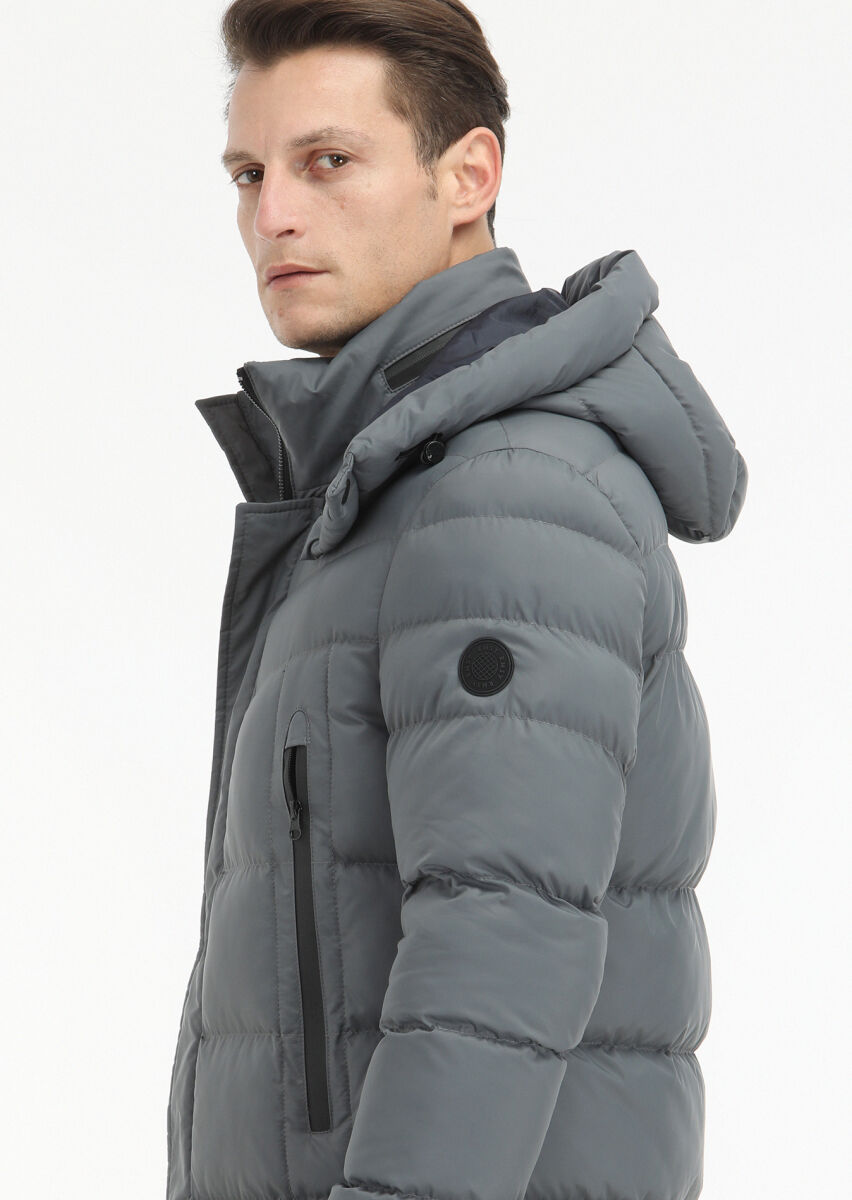 Grey Regular Fit Casual Weaving Removable Hood Coat - 5