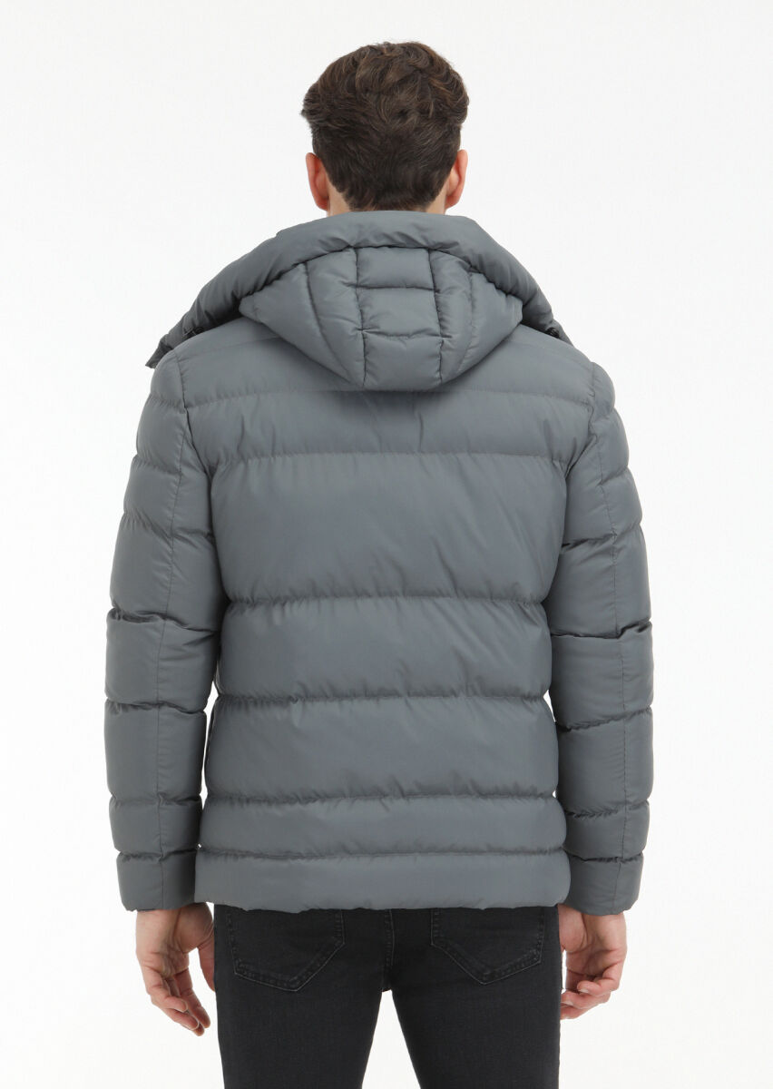 Grey Regular Fit Casual Weaving Removable Hood Coat - 6