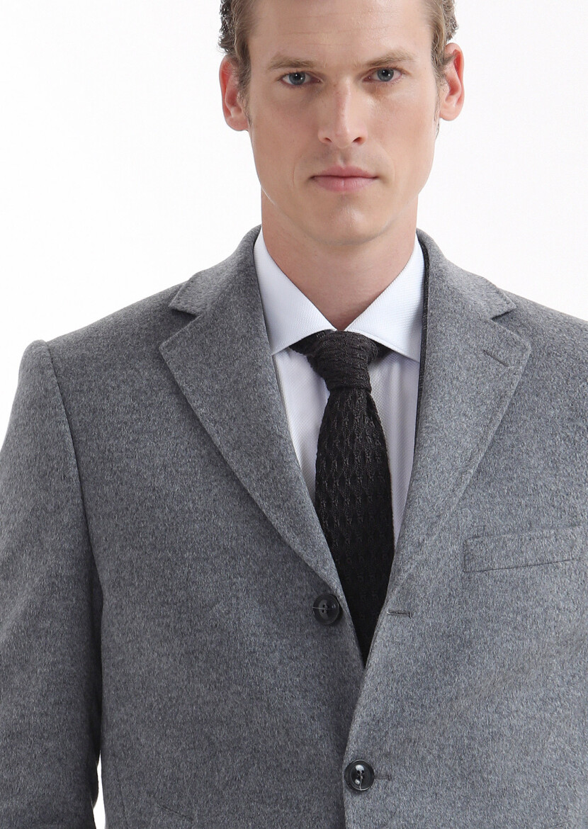 Grey Regular Fit Classical Weaving Overcoat - 3