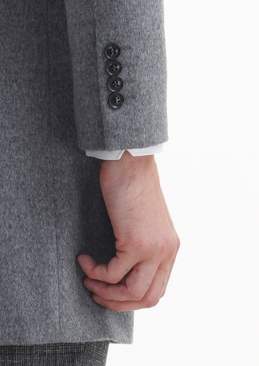 Grey Regular Fit Classical Weaving Overcoat - 4