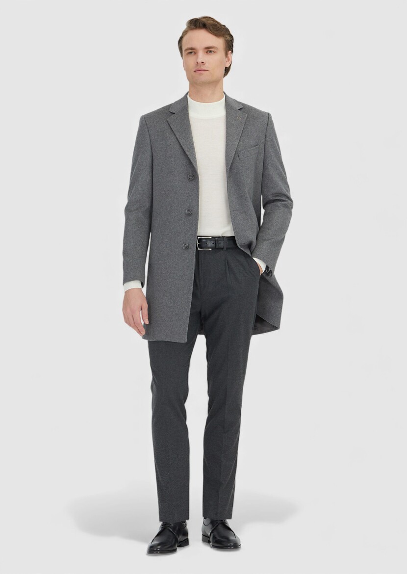 Grey Regular Fit Classical Weaving Overcoat 