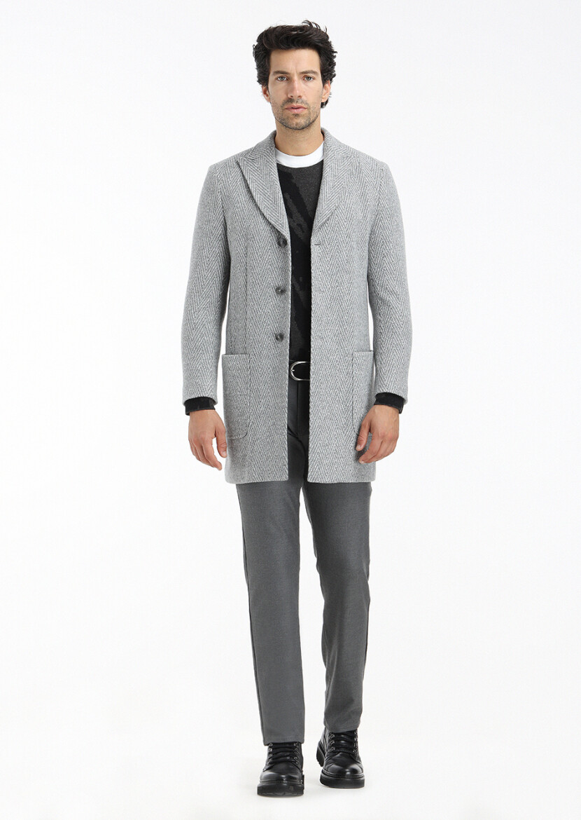 Grey Regular Fit Double Breasted Collar Casual Knitting Overcoat - 1