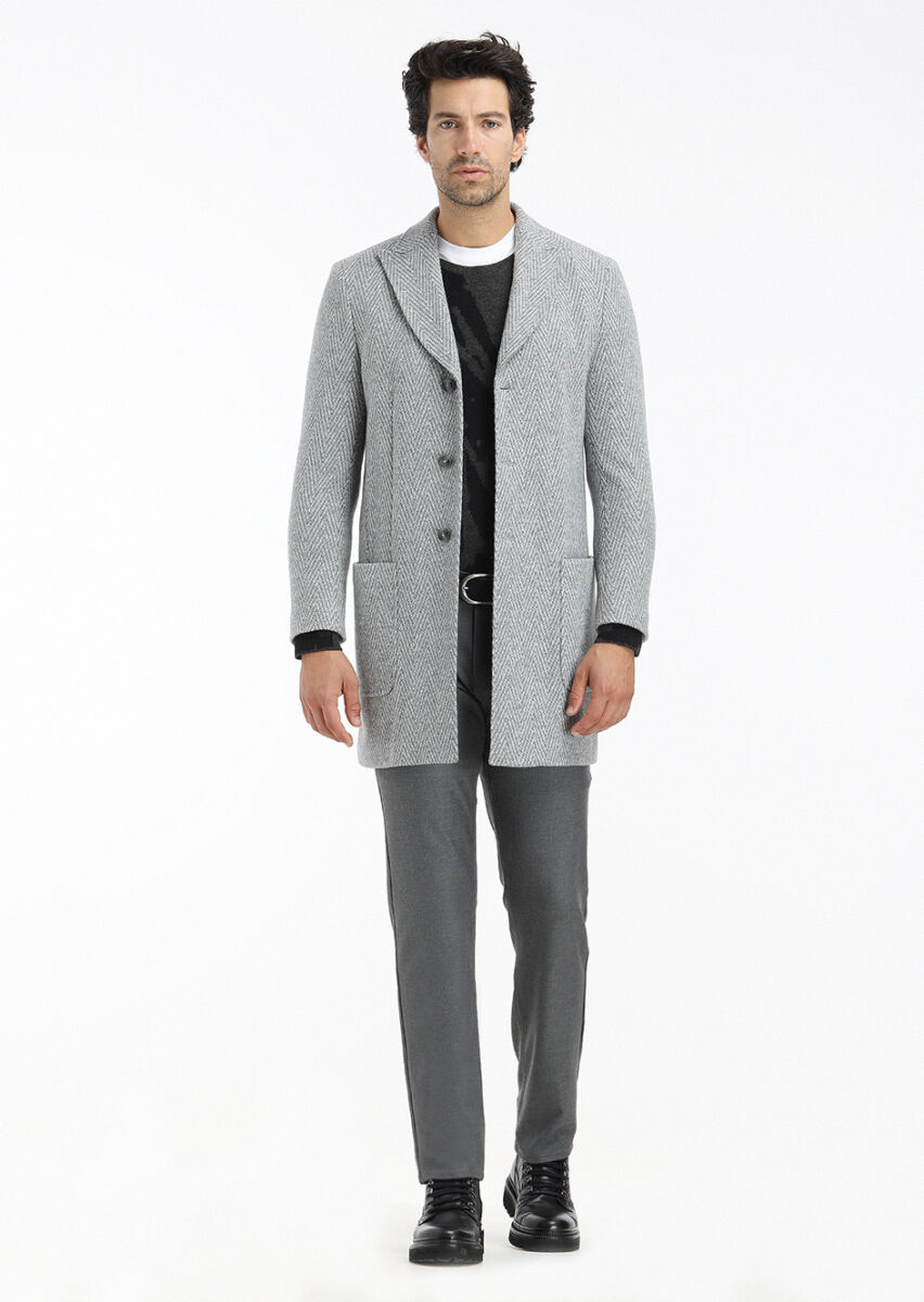 Grey Regular Fit Double Breasted Collar Casual Knitting Overcoat - 1
