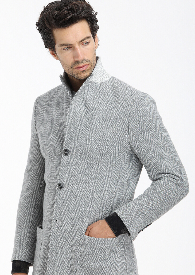 Grey Regular Fit Double Breasted Collar Casual Knitting Overcoat - 2