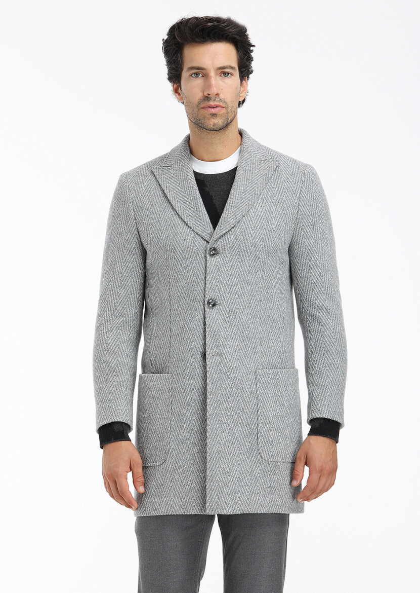 Grey Regular Fit Double Breasted Collar Casual Knitting Overcoat - 3