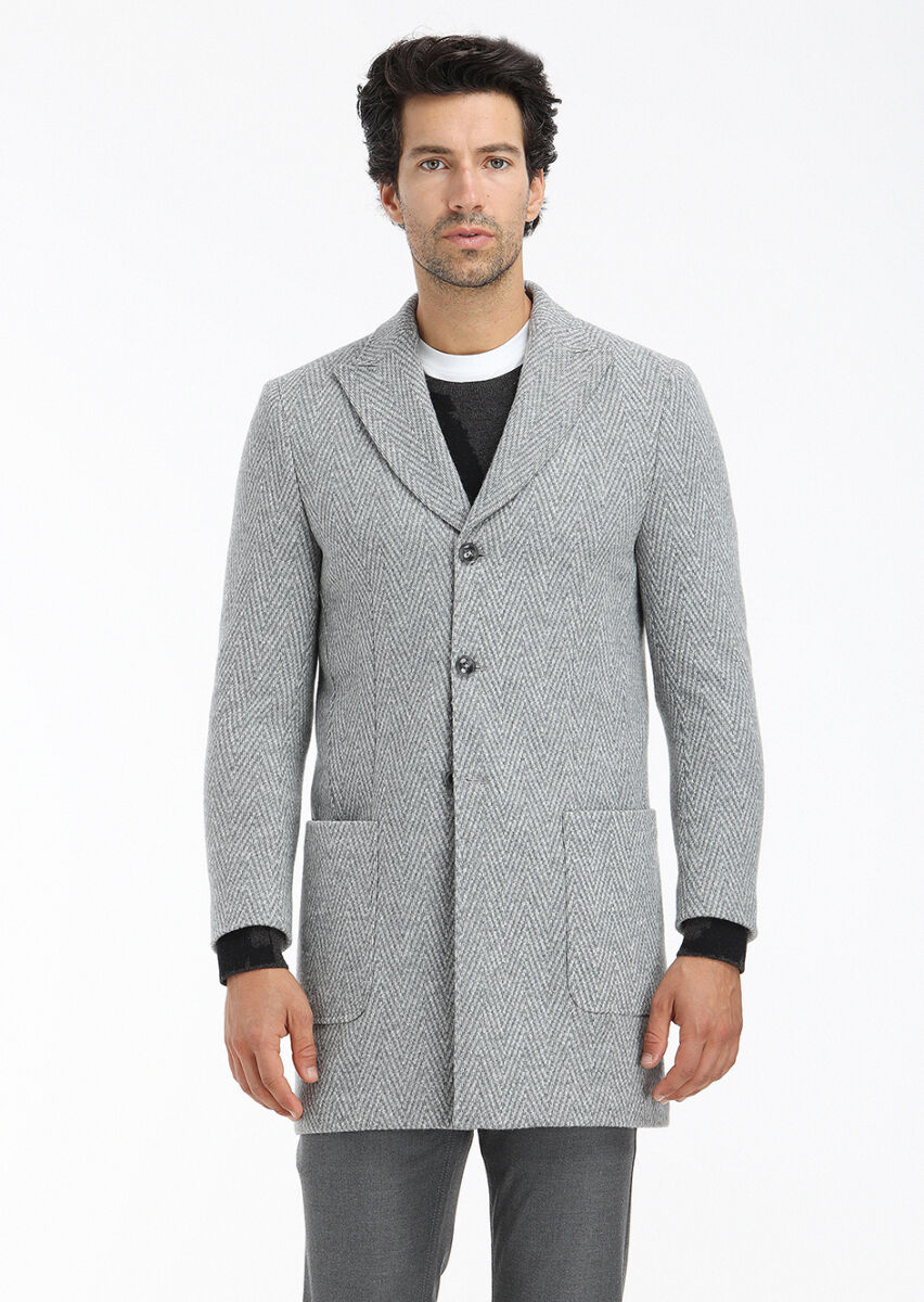 Grey Regular Fit Double Breasted Collar Casual Knitting Overcoat - 3