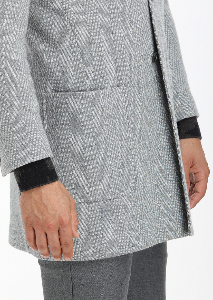 Grey Regular Fit Double Breasted Collar Casual Knitting Overcoat - 4