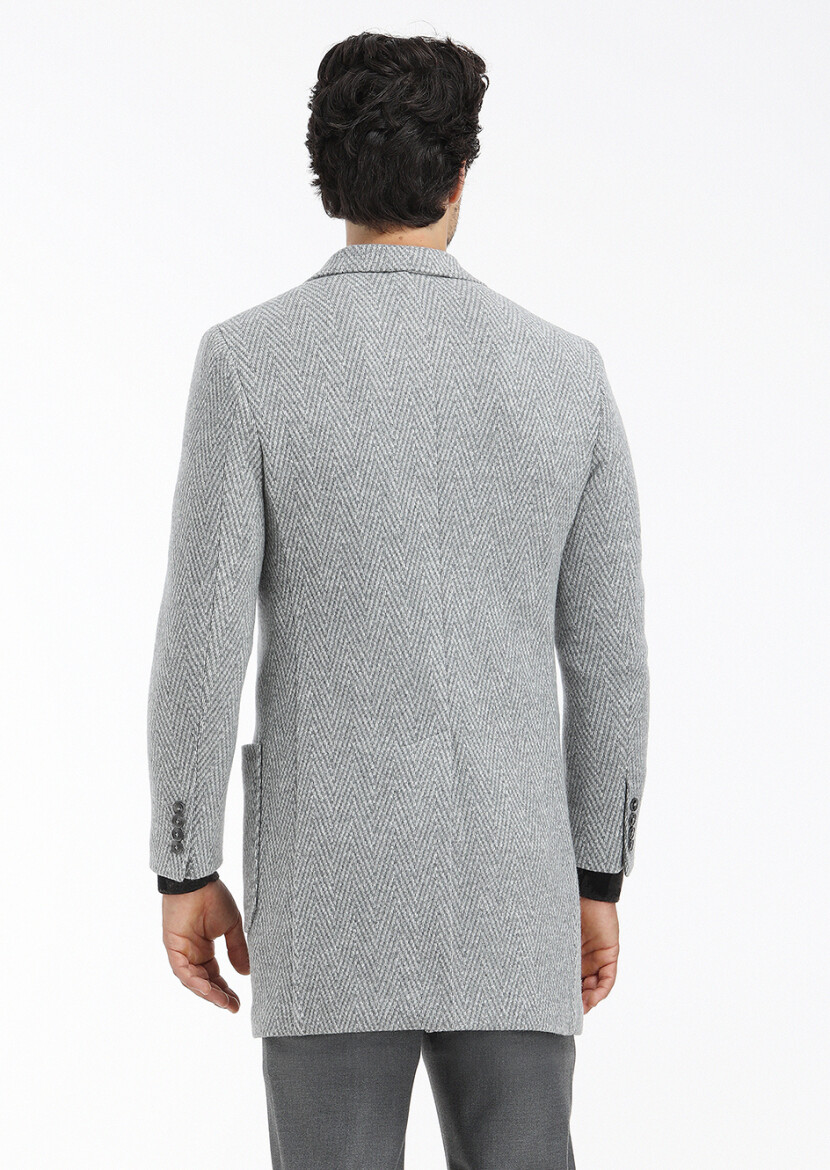 Grey Regular Fit Double Breasted Collar Casual Knitting Overcoat - 6