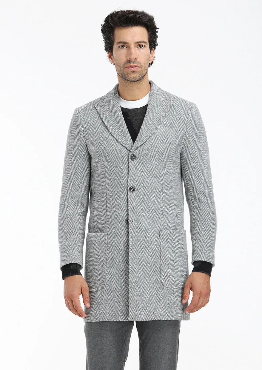 Grey Regular Fit Double Breasted Collar Casual Knitting Overcoat - 3