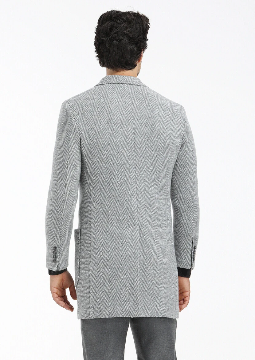 Grey Regular Fit Double Breasted Collar Casual Knitting Overcoat - 6