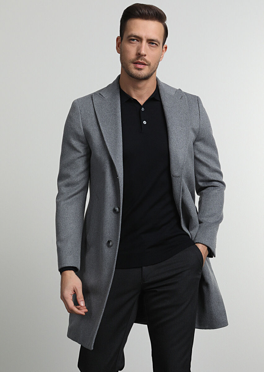 Grey Regular Fit Double Breasted Collar Casual Weaving Overcoat - 1