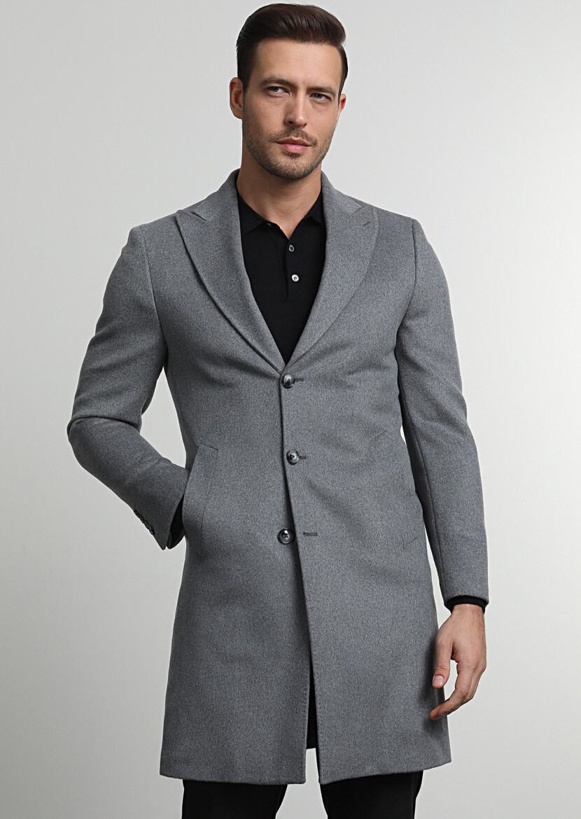 Grey Regular Fit Double Breasted Collar Casual Weaving Overcoat - 2