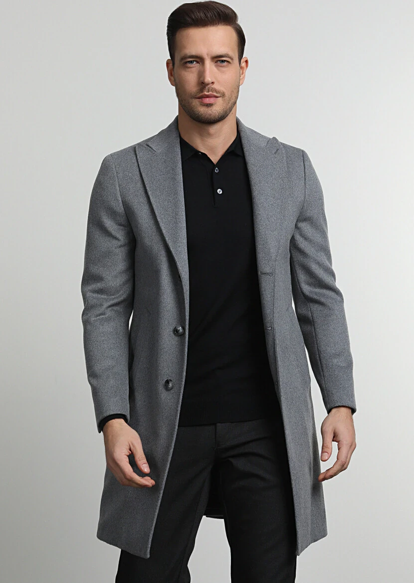 Grey Regular Fit Double Breasted Collar Casual Weaving Overcoat - 3