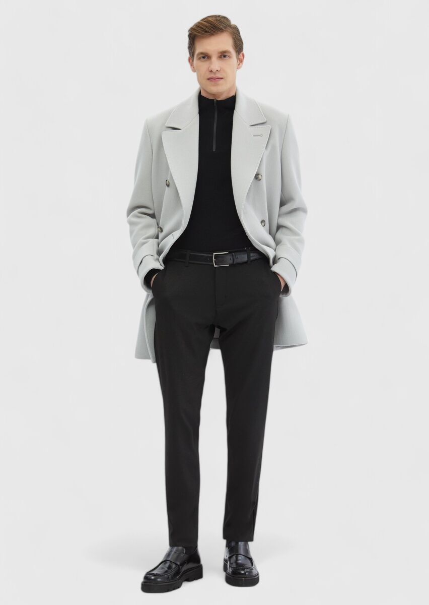 Grey Regular Fit Double Breasted Collar Casual Weaving Overcoat - 1