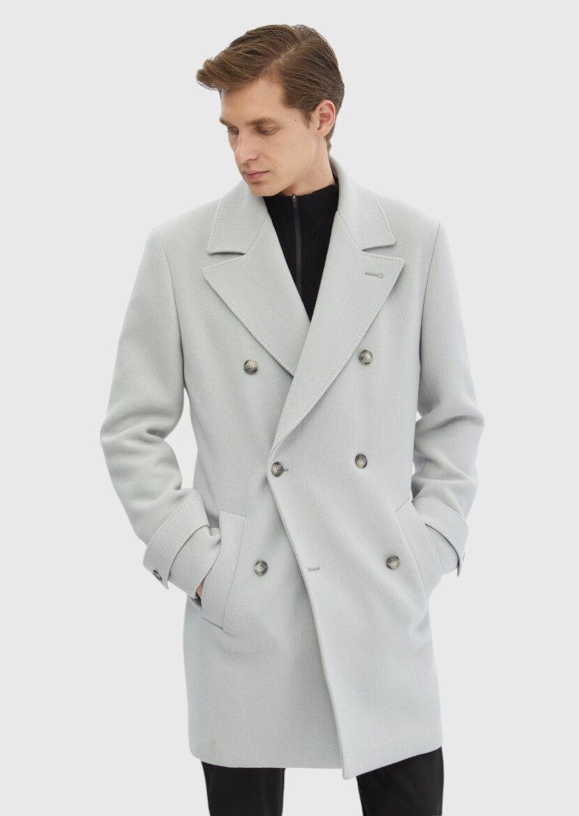 Grey Regular Fit Double Breasted Collar Casual Weaving Overcoat - 3