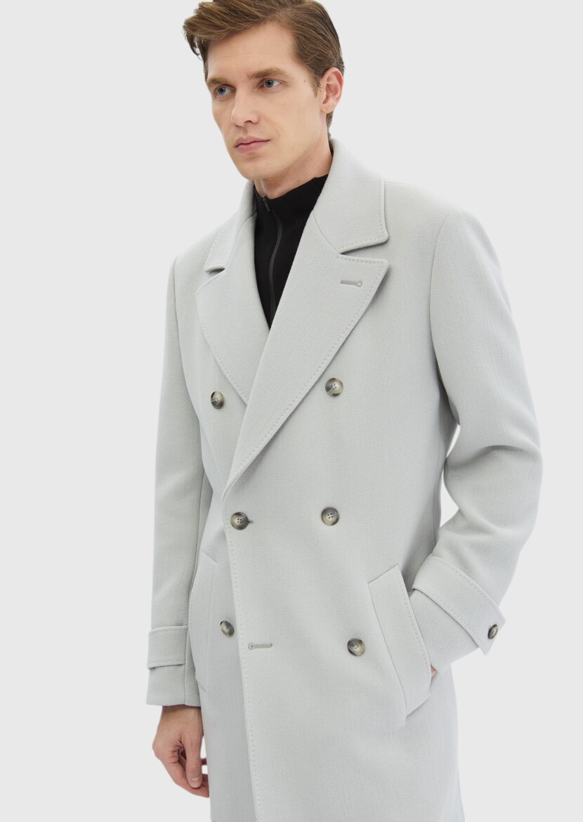 Grey Regular Fit Double Breasted Collar Casual Weaving Overcoat - 5