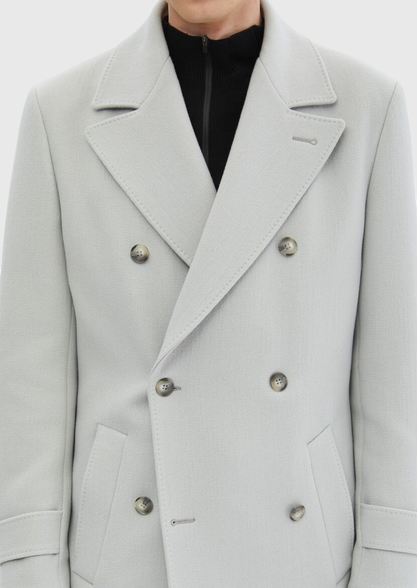 Grey Regular Fit Double Breasted Collar Casual Weaving Overcoat - 6