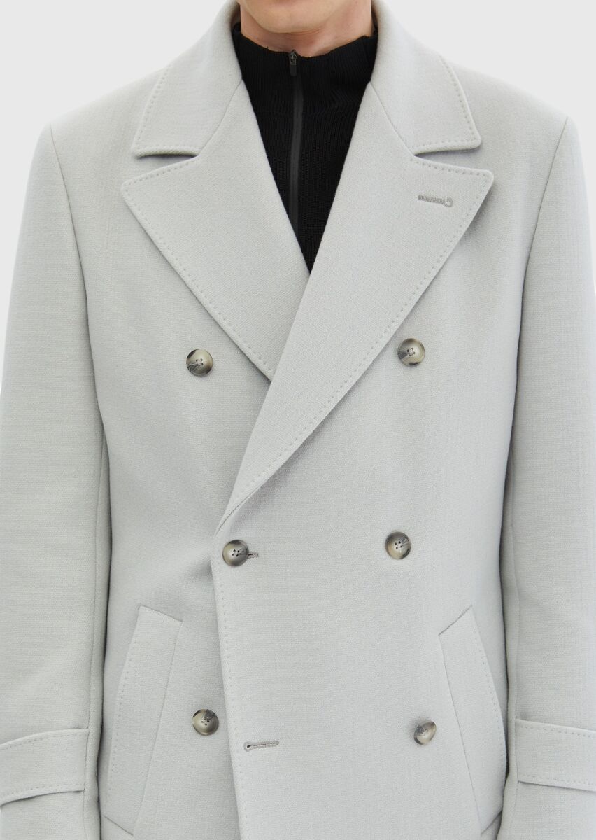 Grey Regular Fit Double Breasted Collar Casual Weaving Overcoat - 6