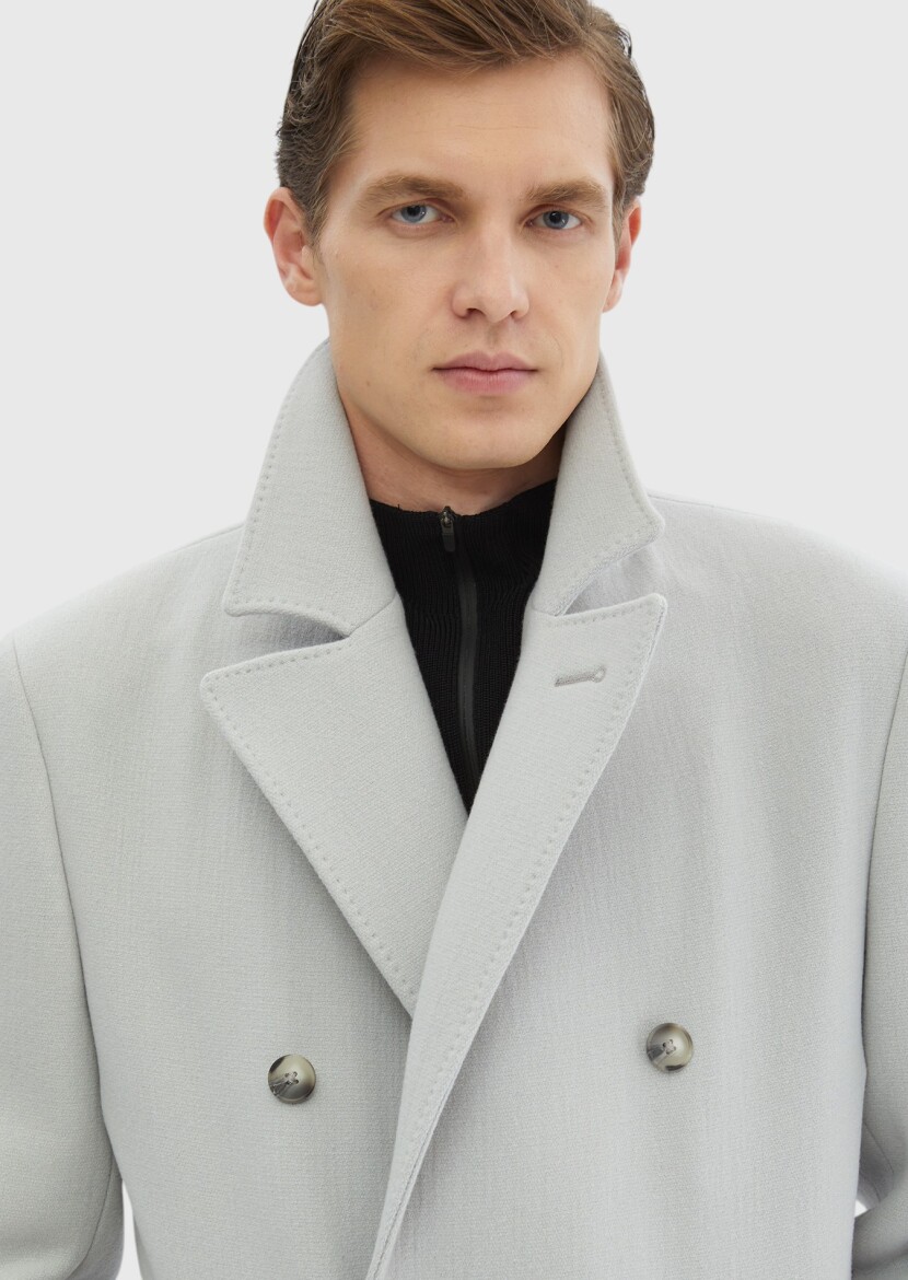 Grey Regular Fit Double Breasted Collar Casual Weaving Overcoat - 7