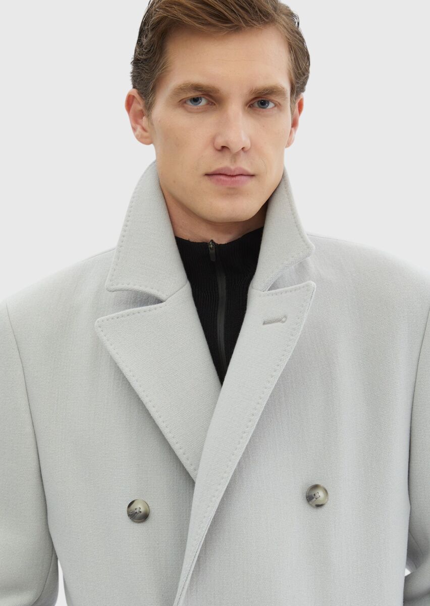 Grey Regular Fit Double Breasted Collar Casual Weaving Overcoat - 7