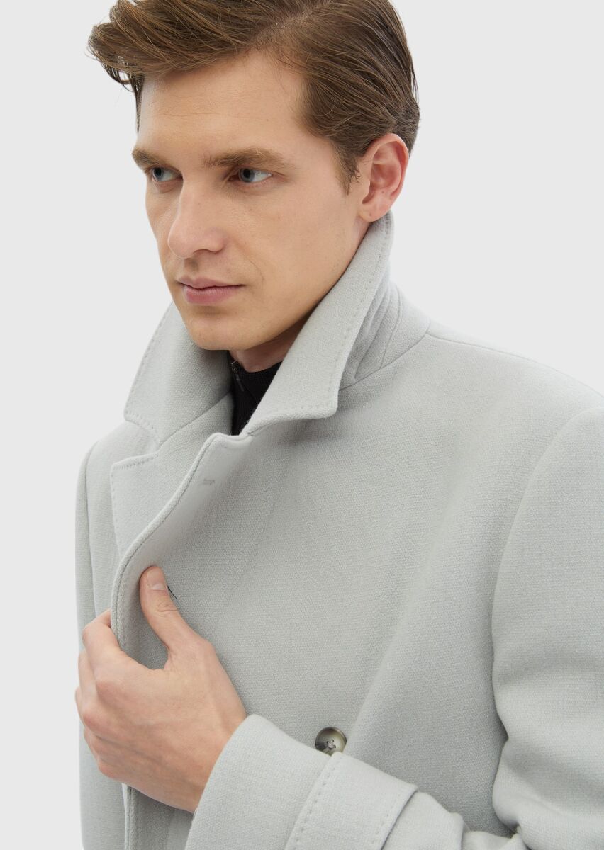 Grey Regular Fit Double Breasted Collar Casual Weaving Overcoat - 9