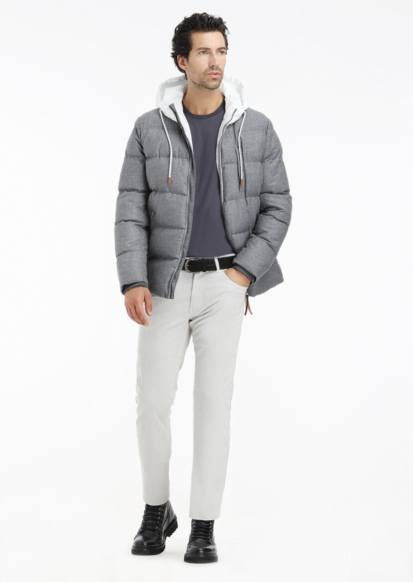Grey Regular Fit Hooded Casual Weaving Coat - 1