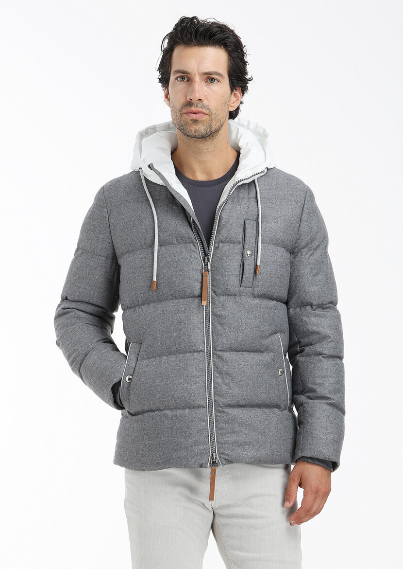 Grey Regular Fit Hooded Casual Weaving Coat - 2