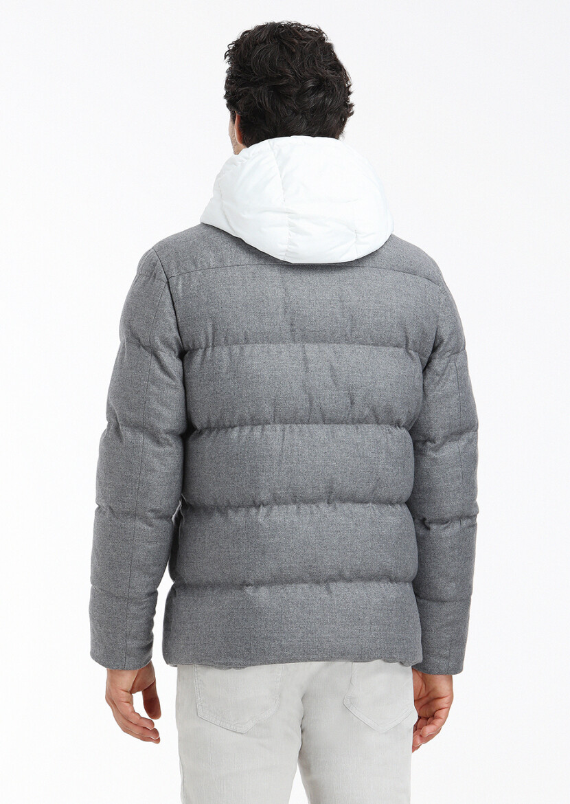Grey Regular Fit Hooded Casual Weaving Coat - 4