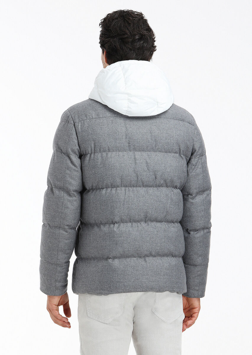 Grey Regular Fit Hooded Casual Weaving Coat - 4