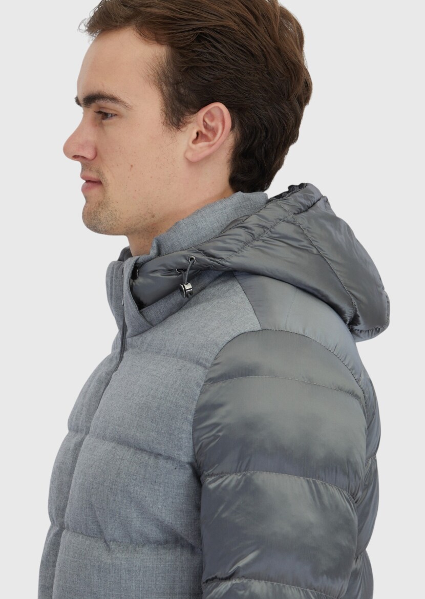 Grey Regular Fit Hooded Casual Weaving Coat - 5