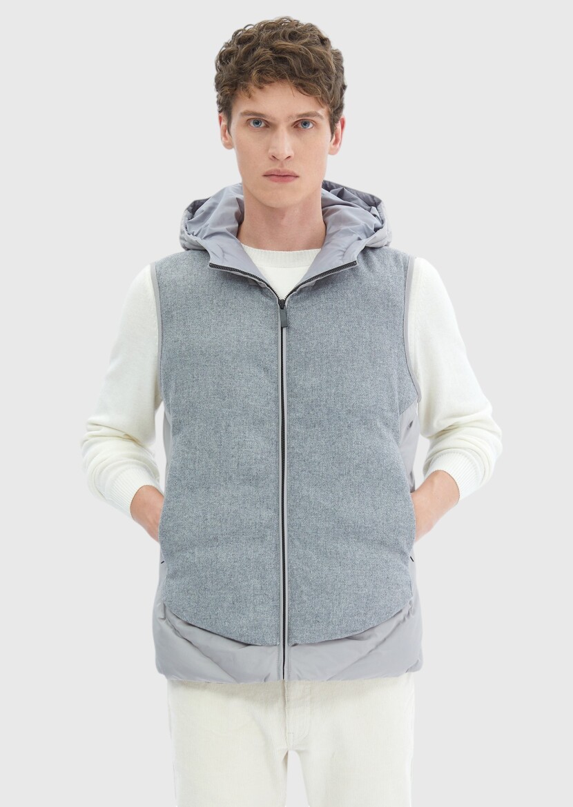 Grey Regular Fit Hooded Casual Weaving Puffer Vest - RAMSEY