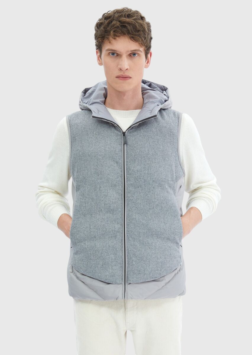 Grey Regular Fit Hooded Casual Weaving Puffer Vest - 1