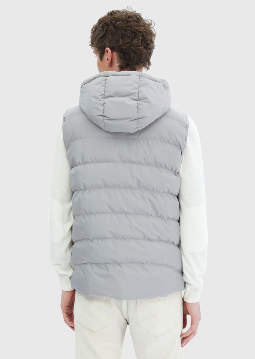 Grey Regular Fit Hooded Casual Weaving Puffer Vest - 6