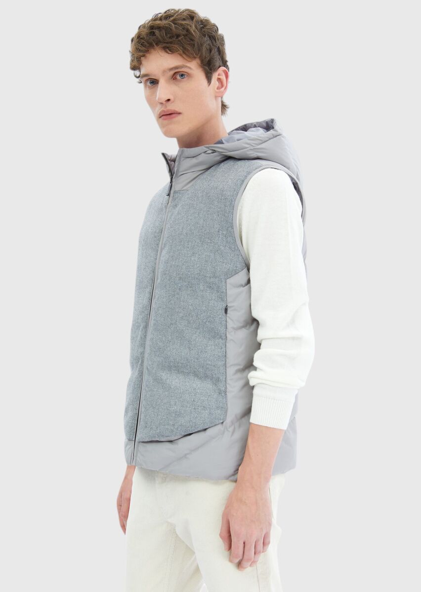 Grey Regular Fit Hooded Casual Weaving Puffer Vest - 3