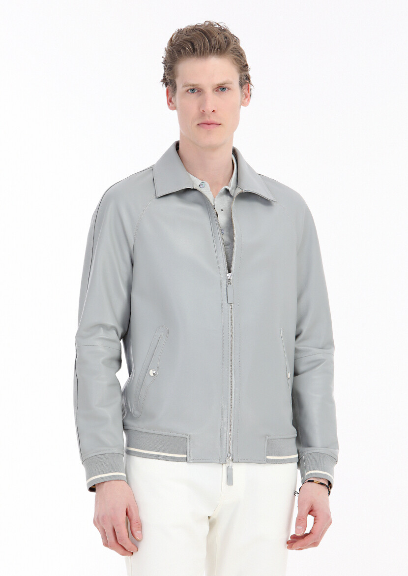 Grey Regular Fit Shirt Collar Casual Leather Leather Coat - 2