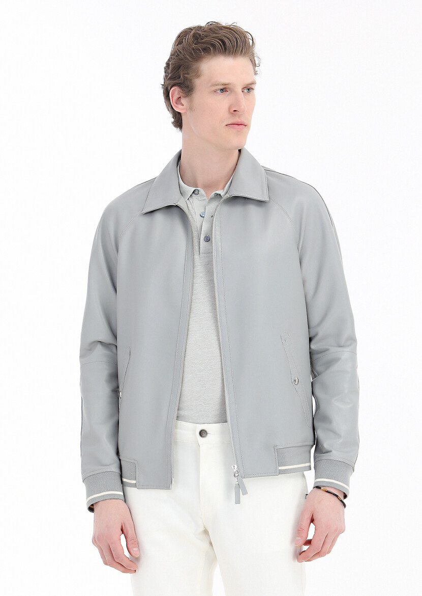 Grey Regular Fit Shirt Collar Casual Leather Leather Coat - 3