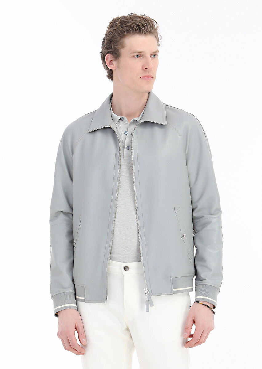 Grey Regular Fit Shirt Collar Casual Leather Leather Coat - 3