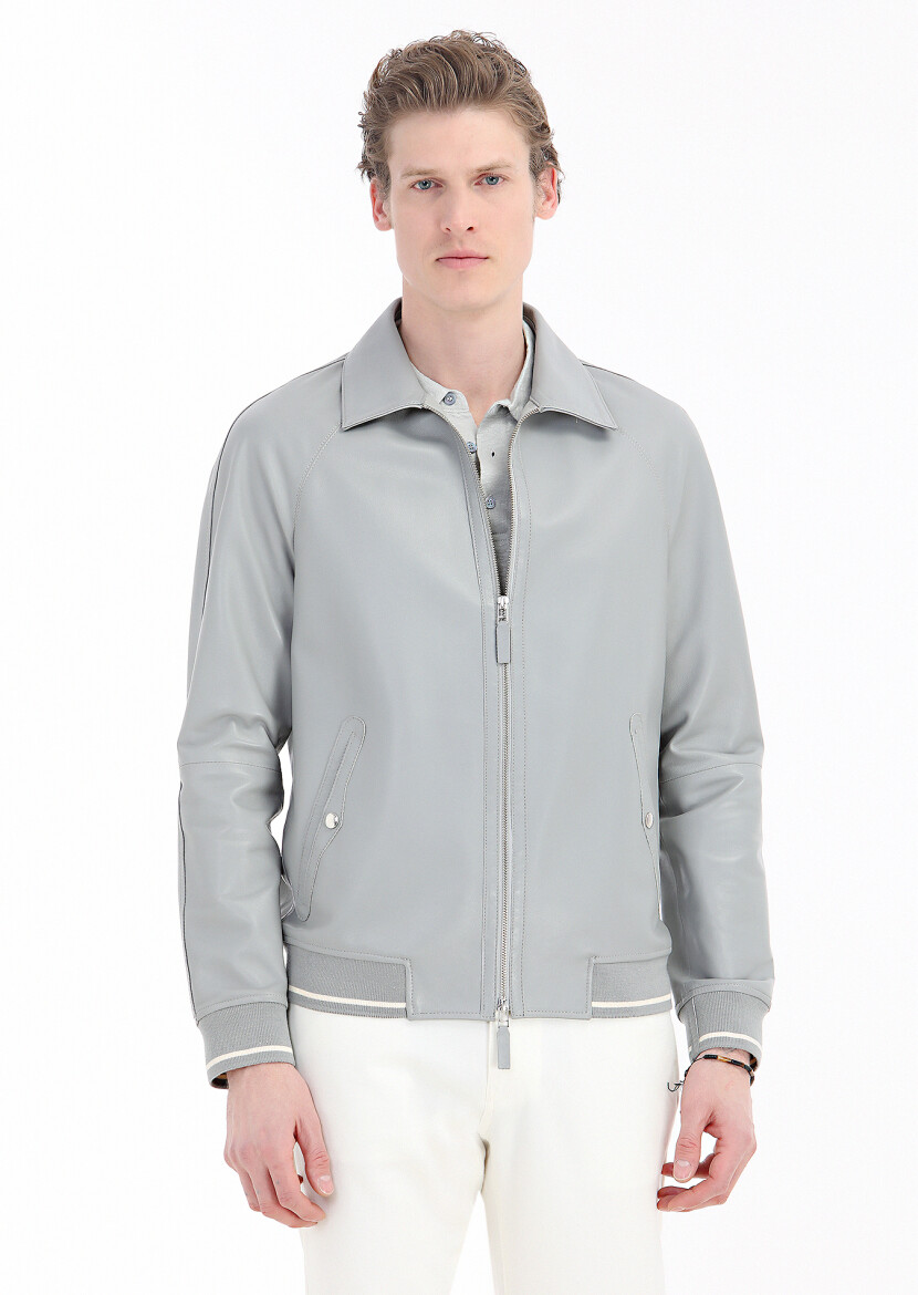 Grey Regular Fit Shirt Collar Casual Leather Leather Coat - 4