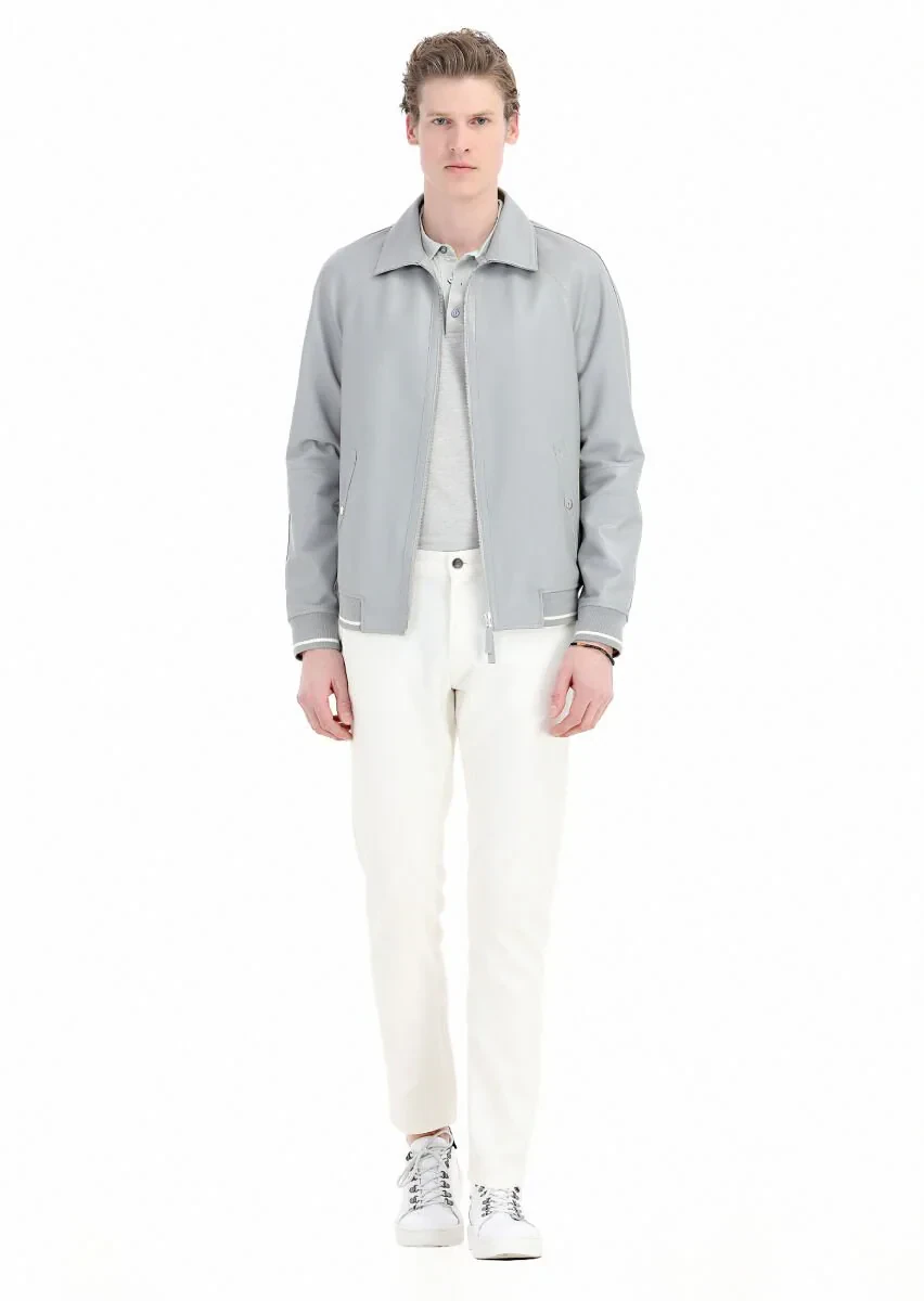 Grey Regular Fit Shirt Collar Casual Leather Leather Coat - 1